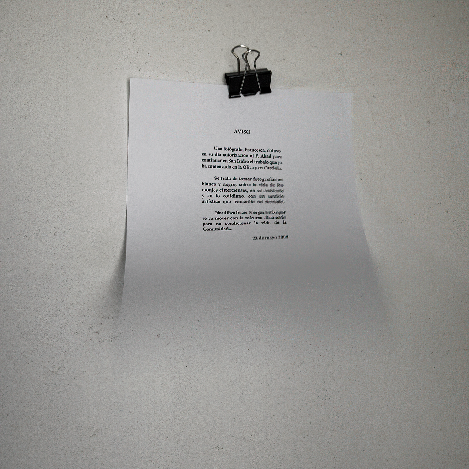 Photograph by Francesca Phillips, a notice put up by the Abbot informing the monks about the project White Monks: A Life in Shadows